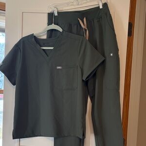 Figs Olive Scrub Top & Drawstring Pants Set with Aya logo